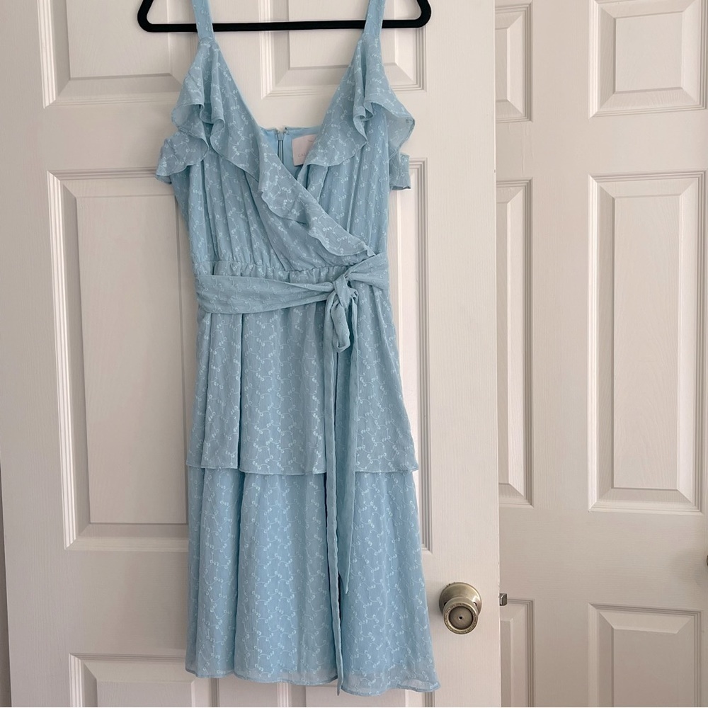 Gal Meets Glam Helena Dress Seabreeze Blue Embroidered Ruffle Wrap Tiered Sz 12